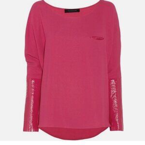 THAKOON RASPBERRY PINK CREPE FAUX PATENT LEATHER SLEEVE TOP SIZE 4